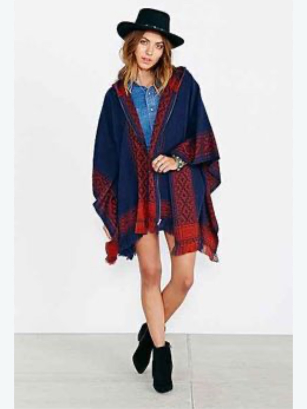 Navy & Red Hooded Poncho Sweater southwestern ecote one size